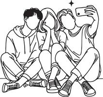 Friends Sitting and Selfie Together Line Drawing.