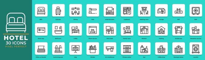 30 sets of outline hotel icons. motel, hostel, editable stroke collection and pixel perfect. vector