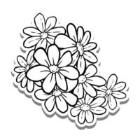 Black line Corner Daisy Bouquet on white silhouette and gray shadow. Hand drawn cartoon style. illustration for decorate, coloring and any design. vector