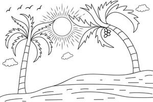 Summer sunset tropical beach line art sunshine scenery, hand drawn sunset and sunrise outline landscape tropical beach, palm tree with sunset waves Nature view, Kids drawing Beach coloring pages vector