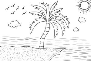 verano puesta de sol tropical playa línea Arte Brillo Solar escenario, mano dibujado puesta de sol y amanecer contorno paisaje tropical playa, palma árbol con puesta de sol olas naturaleza vista, niños dibujo playa colorante paginas vector