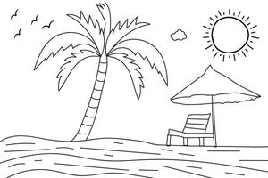Summer sunset tropical beach line art sunshine scenery, hand drawn sunset and sunrise outline landscape tropical beach, palm tree with sunset waves Nature view, Kids drawing Beach coloring pages vector