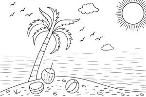 Summer sunset tropical beach line art sunshine scenery, hand drawn sunset and sunrise outline landscape tropical beach, palm tree with sunset waves Nature view, Kids drawing Beach coloring pages vector