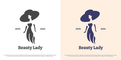 Beauty fashion woman logo design illustration. Silhouette of beautiful woman lifestyle madam hat lady women boutique model actress victorian princess. Elegant luxury vintage classic old icon symbol vector