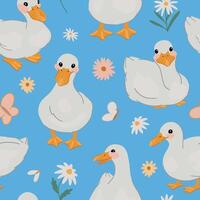 Ornament of cute ducks, flowers and insects. Pretty white goose seamless pattern. Modern children's design. vector