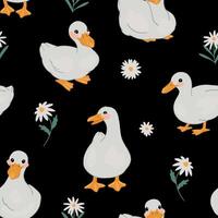 Ornament of cute ducks, chamomile flowers. Pretty white goose seamless pattern. Modern children's design. vector