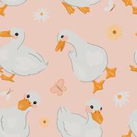 Ornament of cute ducks, flowers and insects. Pretty white goose seamless pattern. Modern children's design. vector