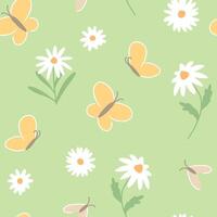 Cute chamomile flowers, insects seamless pattern. Simple ornament for children's designs. vector