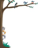 Frame of a tree with three cats hiding behind the trunk and looking up at three birds on the branches vector