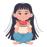 Girl holding a slice of watermelon, eating watermelon, hand drawn. For card design, decor, print and children's collection vector