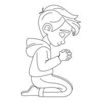 Boy praying on knees, hand-drawn, flat illustration, white background vector
