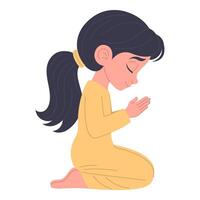 Cute little girl praying on her knees, hand drawn, illustration vector
