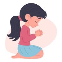 Cute little girl praying on her knees, hand drawn, illustration vector