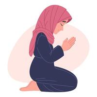 Girl praying on her knees, hand drawn flat illustration vector