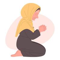 Grandma praying on knees in headscarf with closed eyes, reciting prayer, hand-drawn , flat style, white background vector