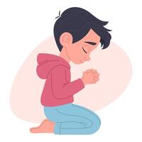 Boy praying on knees, hand-drawn, flat illustration, white background vector