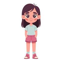 Sweet girl in full height wearing shorts and t-shirt, hands in pockets, hand-drawn, flat illustration vector
