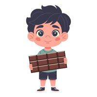 Cute boy holding chocolate, on white background, hand-drawn. Children character in cartoon style for card design, decor, print and kids collection vector