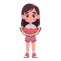 niña comiendo sandía, feliz, divertido, verano estación, refrescante, con sandía rebanada en mano, dibujado a mano, plano ilustración, blanco antecedentes vector