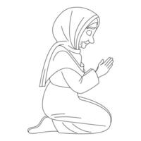 Grandmother praying on knees, hand-drawn, line art illustration, white background vector