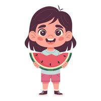 niña comiendo sandía, feliz, divertido, verano estación, refrescante, con sandía rebanada en mano, dibujado a mano, plano ilustración vector