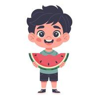 Boy eating watermelon, with a slice of watermelon in his hand, hand drawn, flat illustration vector