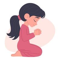 Cute little girl praying on her knees, hand drawn, illustration vector