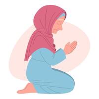 Grandma praying on knees in headscarf with closed eyes, reciting prayer, hand-drawn , flat style, white background vector