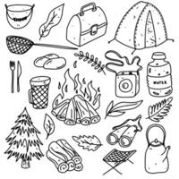 Set of camping elements. Hand drawn doodle style. illustration isolated on white. Coloring page. vector