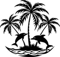 Dolphin and palm trees in the ocean vector