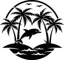 delfín y palma arboles en el Oceano vector