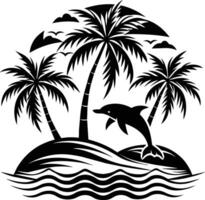 Dolphin and palm trees in the ocean vector