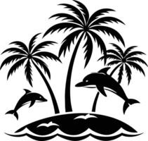Dolphin and palm trees in the ocean vector
