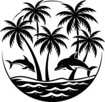 delfín y palma arboles en el Oceano vector