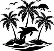 Dolphin and palm trees in the ocean vector