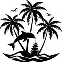 Dolphin and palm trees in the ocean vector