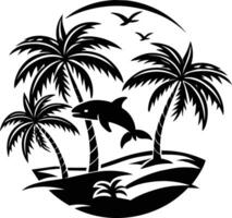 Dolphin and palm trees in the ocean vector