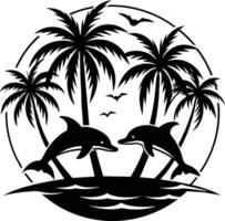 Dolphin and palm trees in the ocean vector