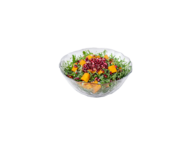 Salad roasted butternut squash with arugula and pomegranate seeds served in a transparent glass bowl png