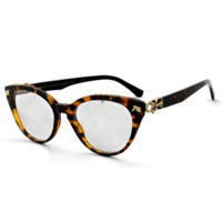 Cat eye glasses with tortoiseshell acetate frames and clear lenses adorned with delicate gold accents png