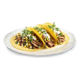 Ancho Chile Pork Tacos with roasted corn salsa and lime crema served on a transparent png