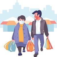 Man and woman in masks go shopping vector