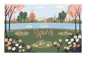 Spring park with pink blooming tree vector