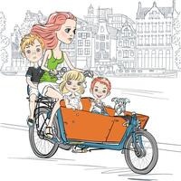 hermosa niña lleva niño en el bicicleta en Amsterdam linda niña en un scooter en París vector