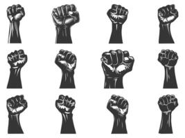 Fist silhouette set, sign of power, strength, isolated on white, raised and closed fist icons, strength, power and solidarity, Raised fist, sign of power, isolated on white vector