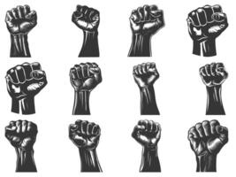 Fist silhouette set, sign of power, strength, isolated on white, raised and closed fist icons, strength, power and solidarity, Raised fist, sign of power, isolated on white vector