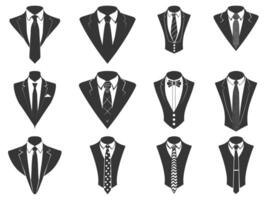 negocio trajes con Corbata silueta colocar, trajes Corbata silueta, plano traje y Corbata icono, smoking silueta, elegante profesional smoking. vector