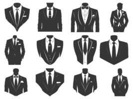 Business suits with tie silhouette set, suits tie silhouette, Flat Suit and Tie Icon, Tuxedo Silhouette, Stylish professional tuxedo. vector