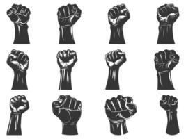 Fist silhouette set, sign of power, strength, isolated on white, raised and closed fist icons, strength, power and solidarity, Raised fist, sign of power, isolated on white vector