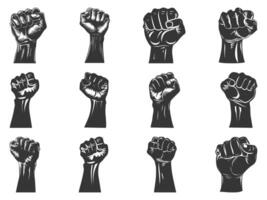 Fist silhouette set, sign of power, strength, isolated on white, raised and closed fist icons, strength, power and solidarity, Raised fist, sign of power, isolated on white vector